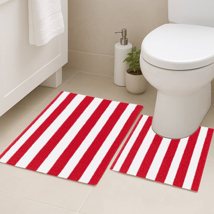 2 Piece Set Red White Stripe Soft Plush Chenille Bath Mat for wholesale by home mart goods