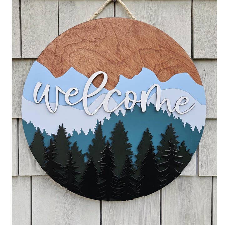 Mountain Welcome Sign – Rustic Birch Wood Door Hanger for wholesale by Southcoast Lasersmith