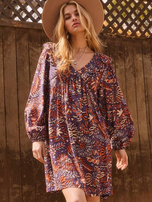 Plus Ethnic Floral Printed Mini Dress for wholesale by Oddi