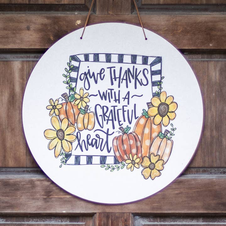 Fall Door Hanger, Grateful Heart Pumpkin for wholesale by Clairmont & Co