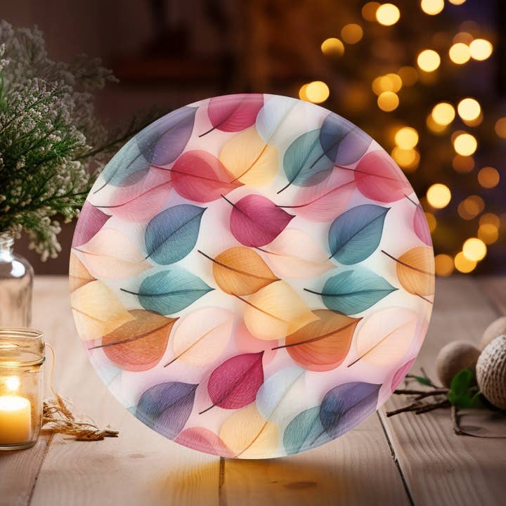 Tempered Glass Cutting Board with Leaves Design Serving Tray for wholesale by Fernville Creations