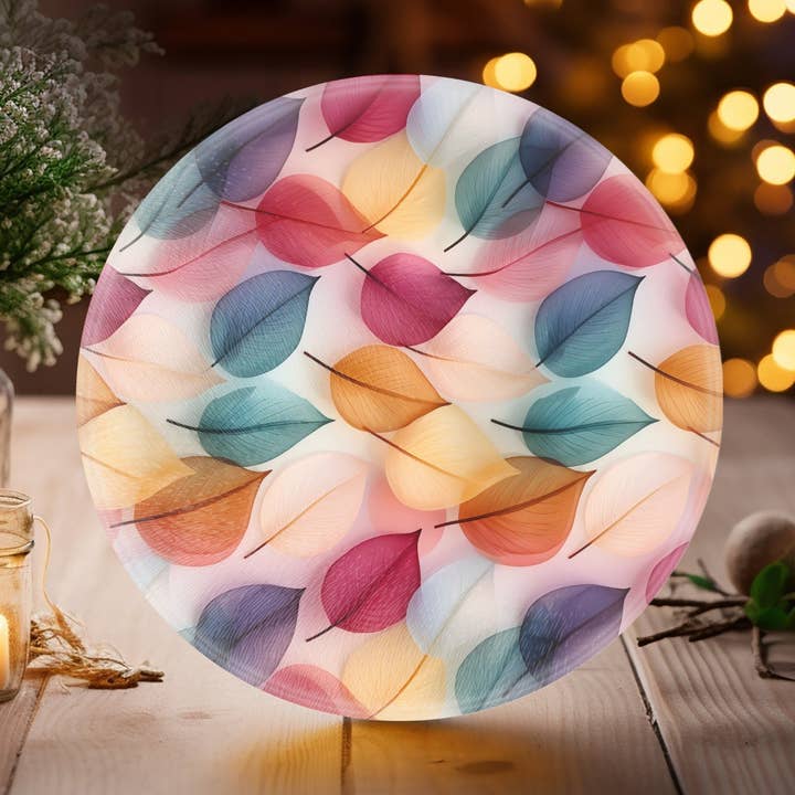 Tempered Glass Cutting Board with Leaves Design Serving Tray for wholesale by Fernville Creations