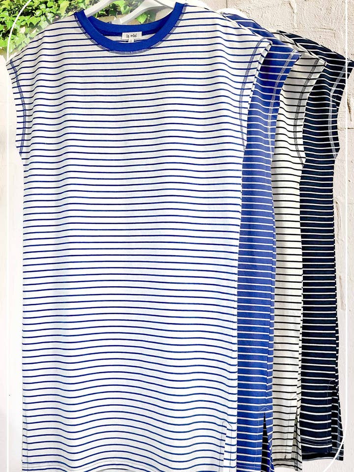 JDD9324-High Low Side Slit Striped T-Shirt Dress for wholesale by La Miel