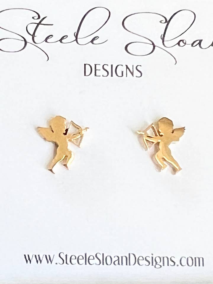 Valentine Earrings, Cupid Gold Stud Earrings, Valentine Gift for wholesale by Steele Sloan Designs