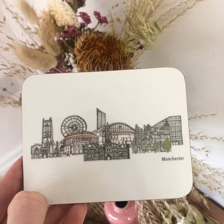 Manchester landmarks white coaster for wholesale by Grace Emily Design