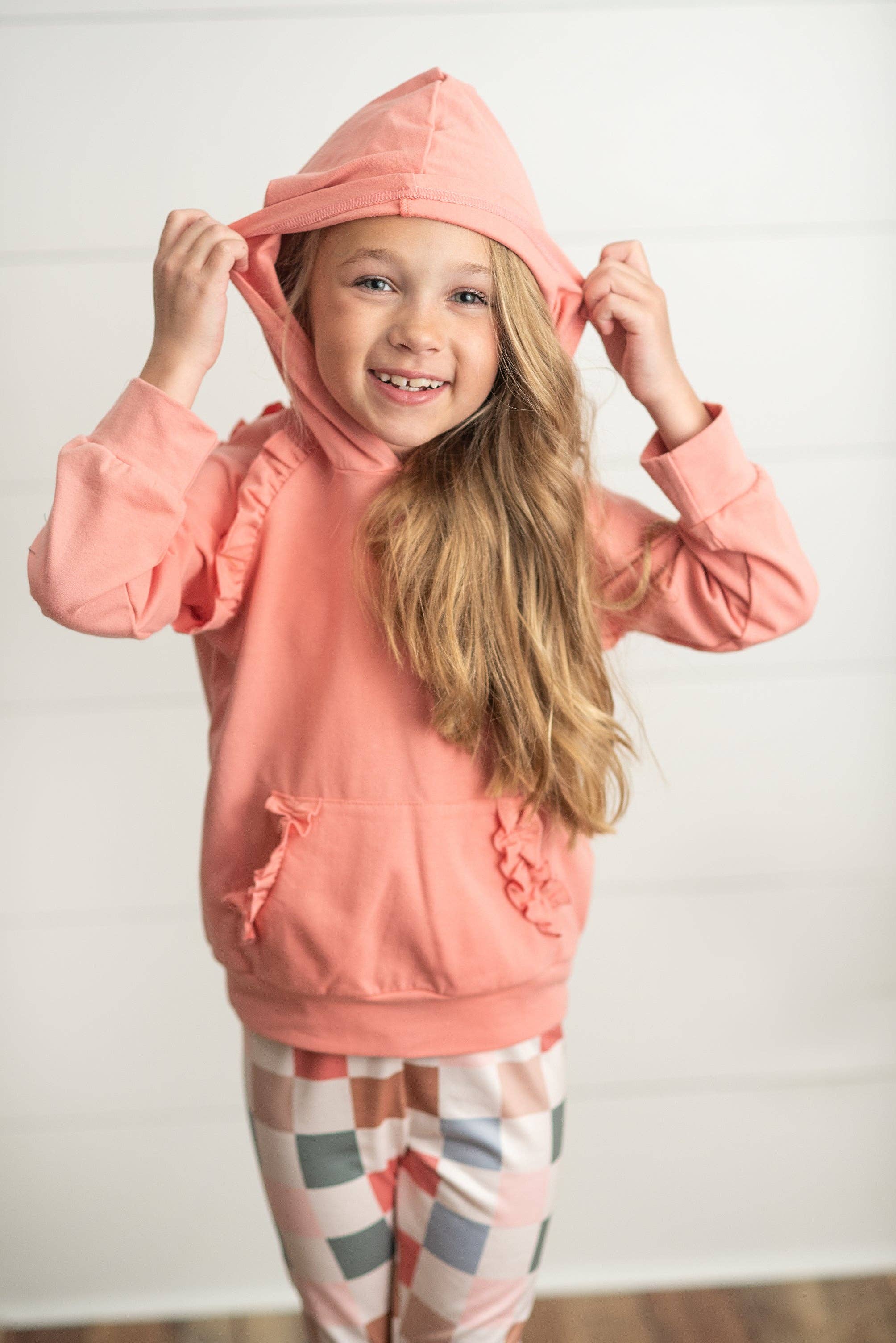 Adorable Sweetness - Wholesale Top & Leggings Set - Kids - Kids Terra Cotta Ruffle Hoodie and Check Leggings Fall Set2