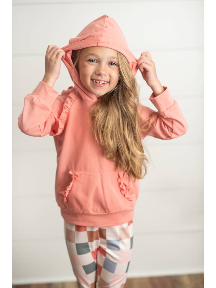 Adorable Sweetness - Wholesale Top & Leggings Set - Kids - Kids Terra Cotta Ruffle Hoodie and Check Leggings Fall Set2