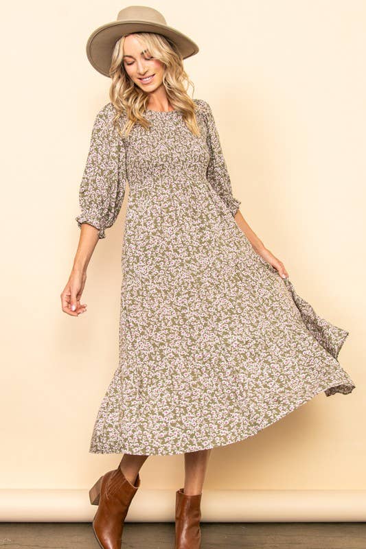 Elloh Collection - Vendita all'ingrosso Vestito - Donna - Abito midi vintage a fiori con smock a balze e tasche8