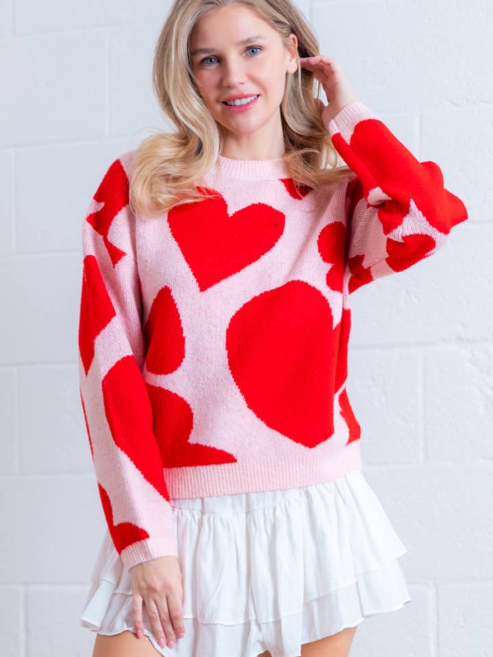 HWT65199-COZY PINK SWEATER WITH RED HEARTS for wholesale by Taelynn