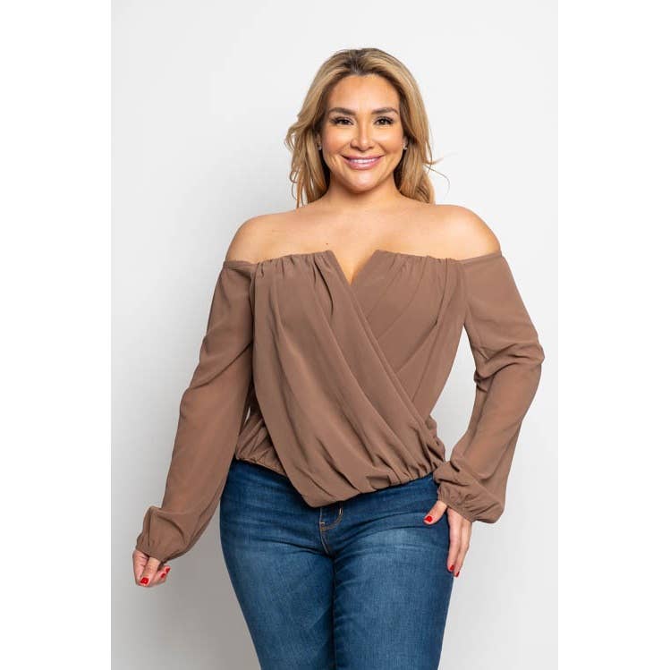 Curve Market - Wholesale Blouse - Women's - PLUS SIZE CHIFFON OFF THE SHOULDER SURPLICE TOP11
