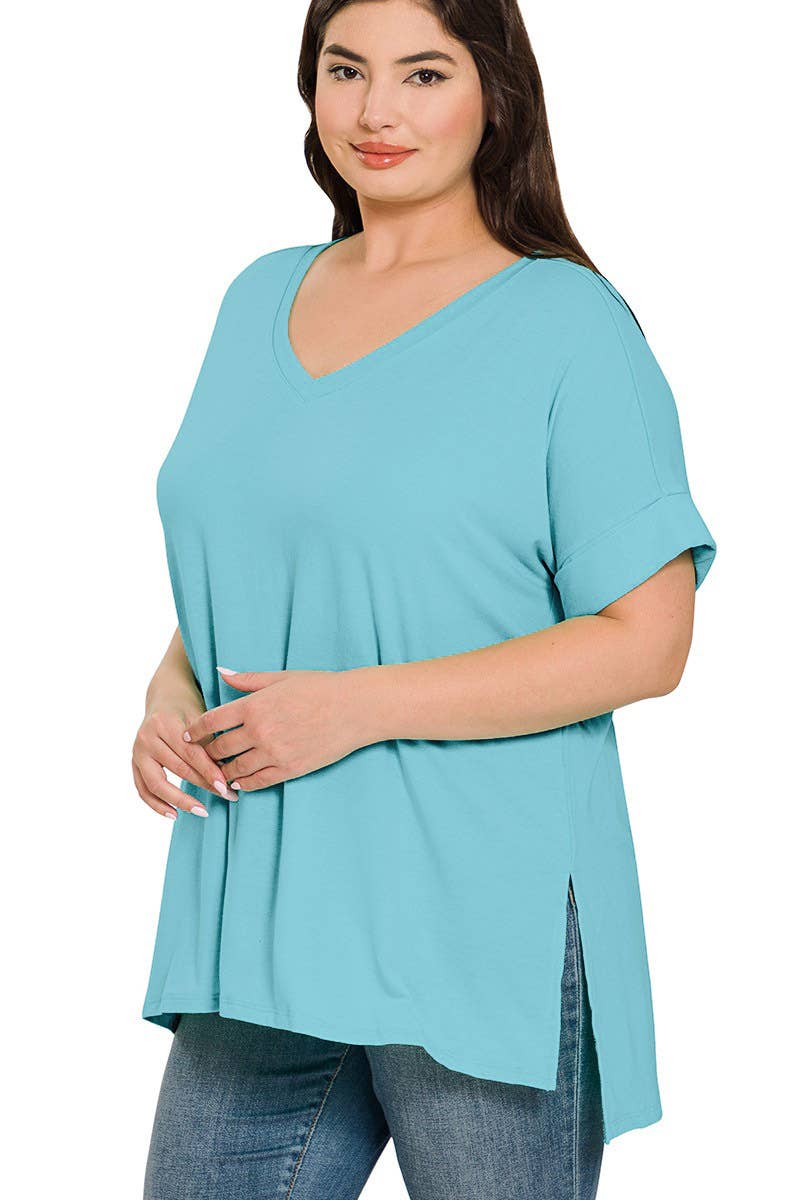 OLIVEMUSTARD  `.Plus size V Neck Top w/ side-slit for wholesale on Faire32
