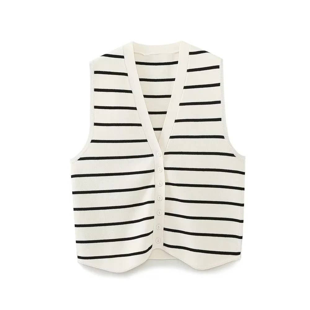 Rosa Clothing - Wholesale Sweater Vest - Women's - Y2K Sleeveless V-Neck Knitted Striped Vest1
