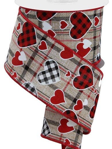 2.5"X10YD CHECK HEART/MINI HEART/PLAID BEIGE/RED/BLACK/WHITE for wholesale by Waterman's Loft Inc.