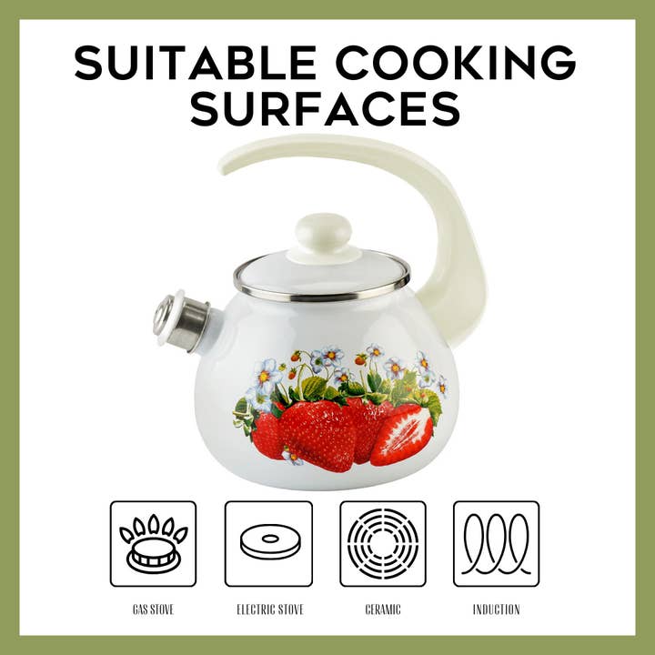 STP - Wholesale Tea Pot - Enamel Kettle with Whistle Strawberry 2.7-qt