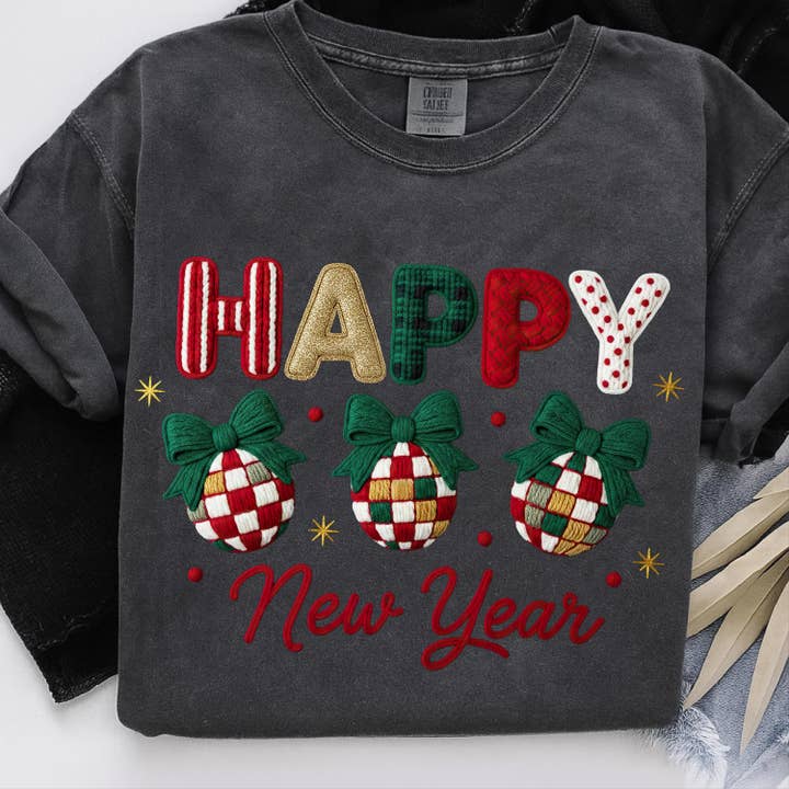 Glaime - Wholesale T-Shirt (Graphic) - Women's - Comfort Colors Faux Crochet Yarn Happy New Year 2026 Shirt3