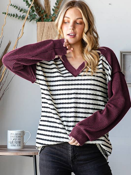 HEIMISH - Wholesale Blouse - Women's - ET7710-10 STRIPE AND SOLID URBAN RIBBED CONTRAST TOP
