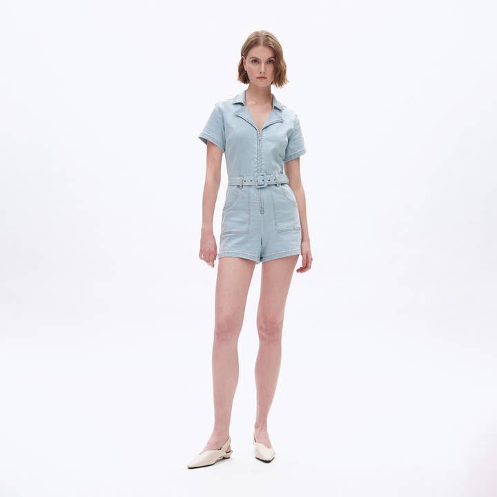LIGHT BLUE V-NECK DENIM ROMPERS WITH FINISHED HEM BYRL017 for wholesale on Faire