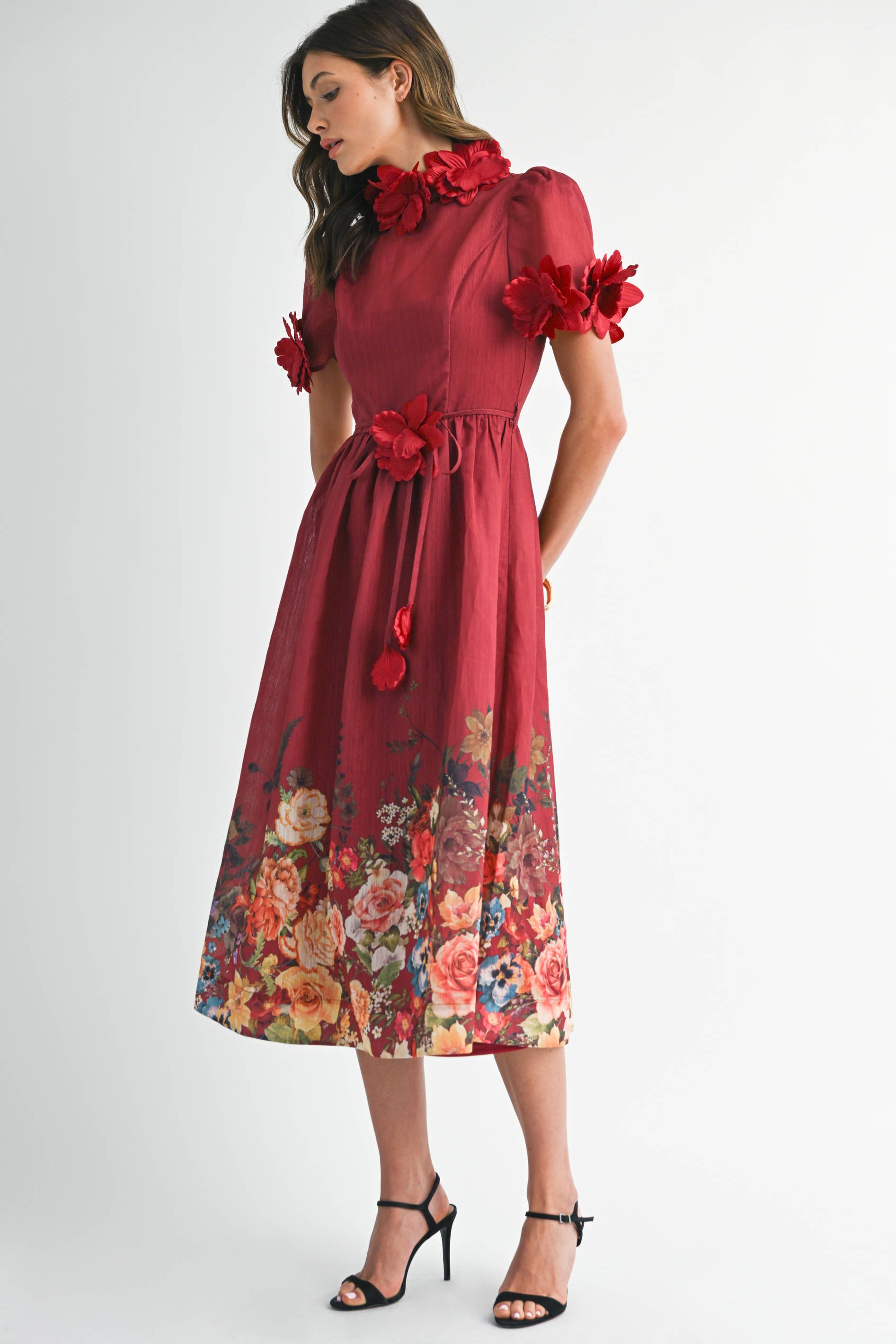 EB LUXE - Wholesale Dress - Women's - RD0026 3D Floral High Neck Short sleeve Midi Dress13