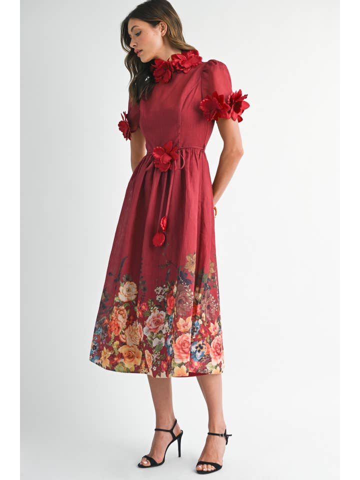 EB LUXE - Wholesale Dress - Women's - RD0026 3D Floral High Neck Short sleeve Midi Dress13
