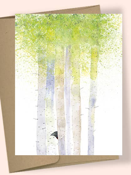 CARTE DE VOEUX AQUARELLE BOULEAUX MAI OISEAU pour la vente par Studio Masha D'yans