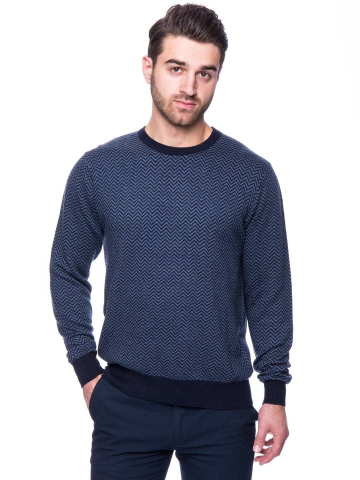 Cashmere Blend Crew Neck Sweater - Chevron Navy/Denim for wholesale by Tocco Reale