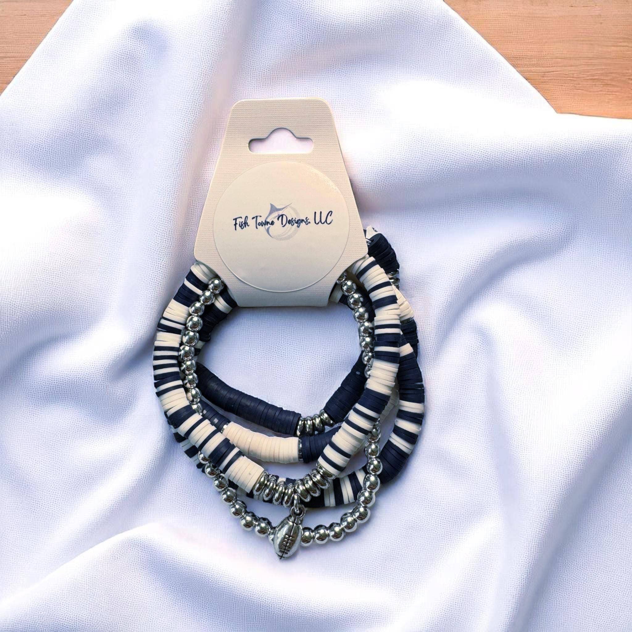 Fish Towne Designs, LLC - Wholesale Jewelry Set - Navy Blue and White Game Day Bracelet Stack3