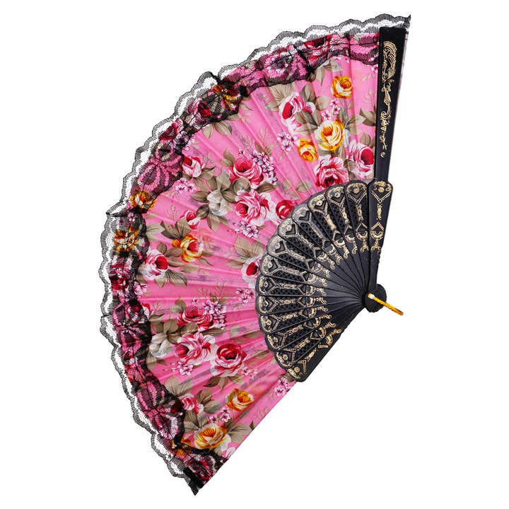 Cap Zone - Wholesale Handheld Folding Fan - Peony Floral Lace Trim Hand-Held Folding Fan