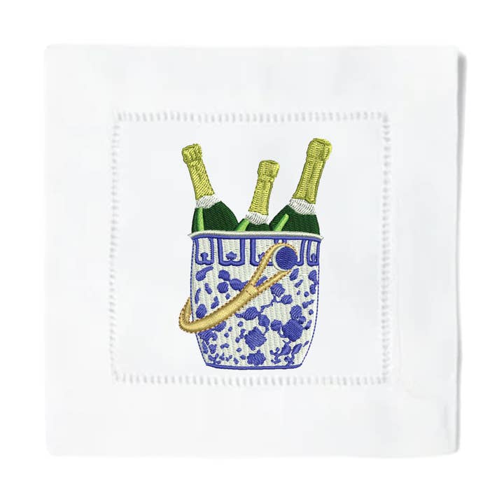 Chinoiserie Champagne Bucket Cocktail Napkins for wholesale by Blythe Embroidery Co.