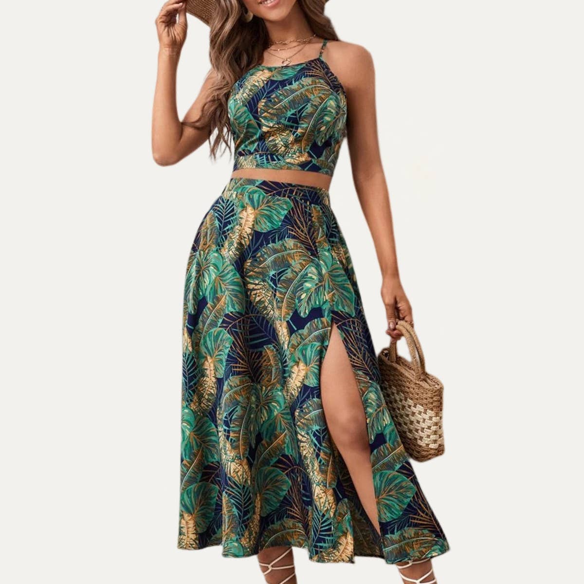 The Moment Collection - Vendita all'ingrosso Completo top e gonna - Donna - Abito midi in due pezzi stampato con foglie tropicali per le vacanze1