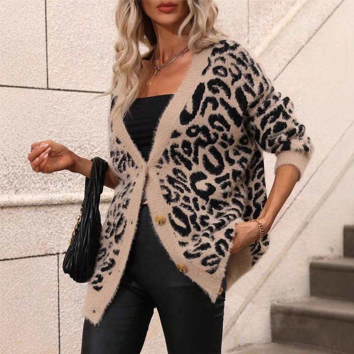 Leopard Print Knitwear Women Cardigan Sweater Oversized Loose Coat Plush Top for wholesale by L Michele