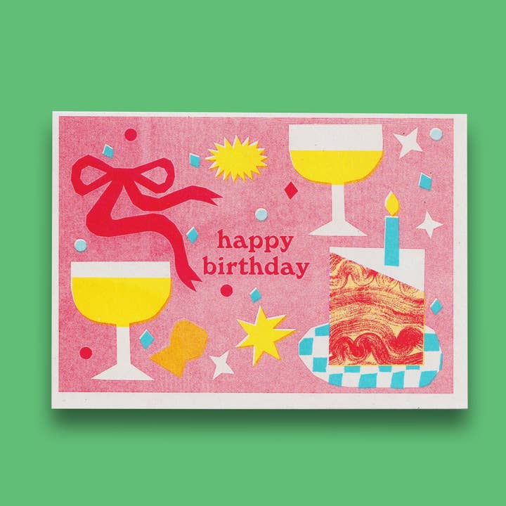 'Happy Birthday Champagne' Greetings Card for wholesale by Lizzie Lomax Illustration