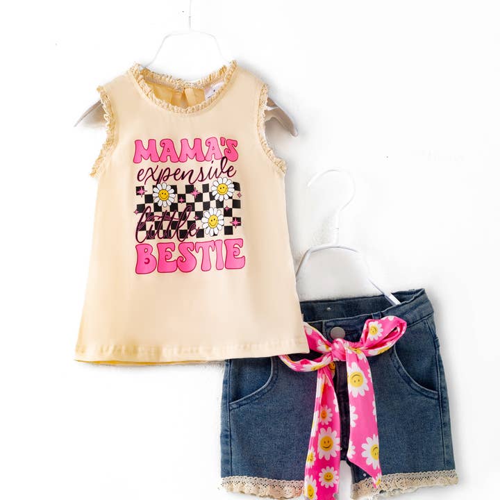 Ensemble court en jean fille sourire rose marguerite pour la vente par littleoneusa