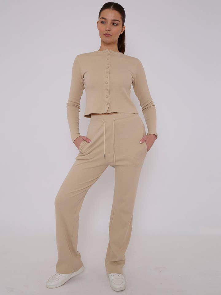 AX Labels - Wholesale Top & Pant Set (NOT Loungewear) - Women's - Ribbed Front Button Detail Top & Wide Leg Trouser Co-ord56