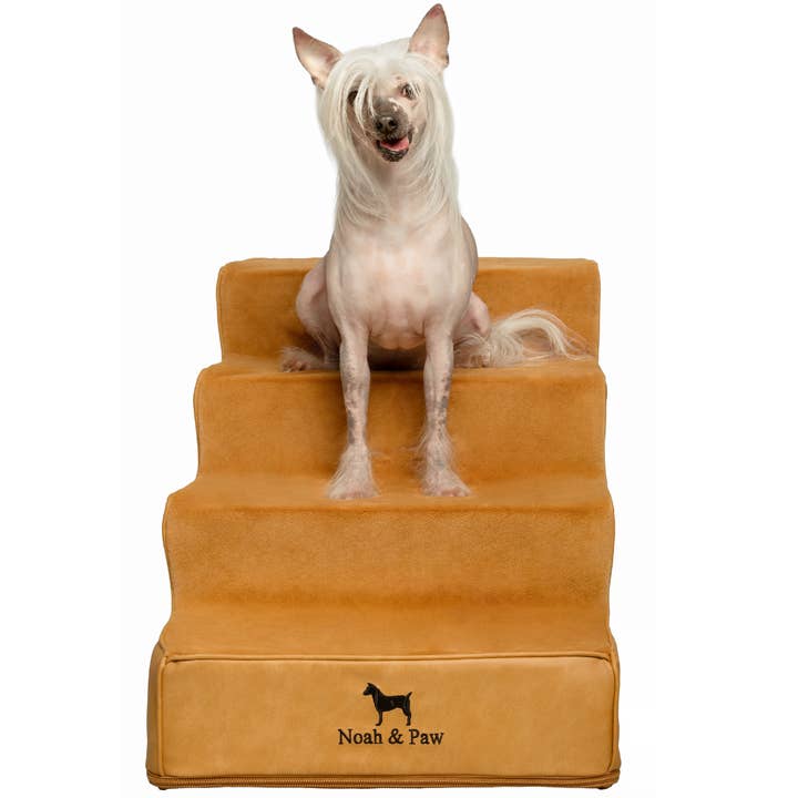 Luxury Dog Stairs for Bed, Faux Leather Collection, Camel for wholesale by NOAH AND PAW LLC
