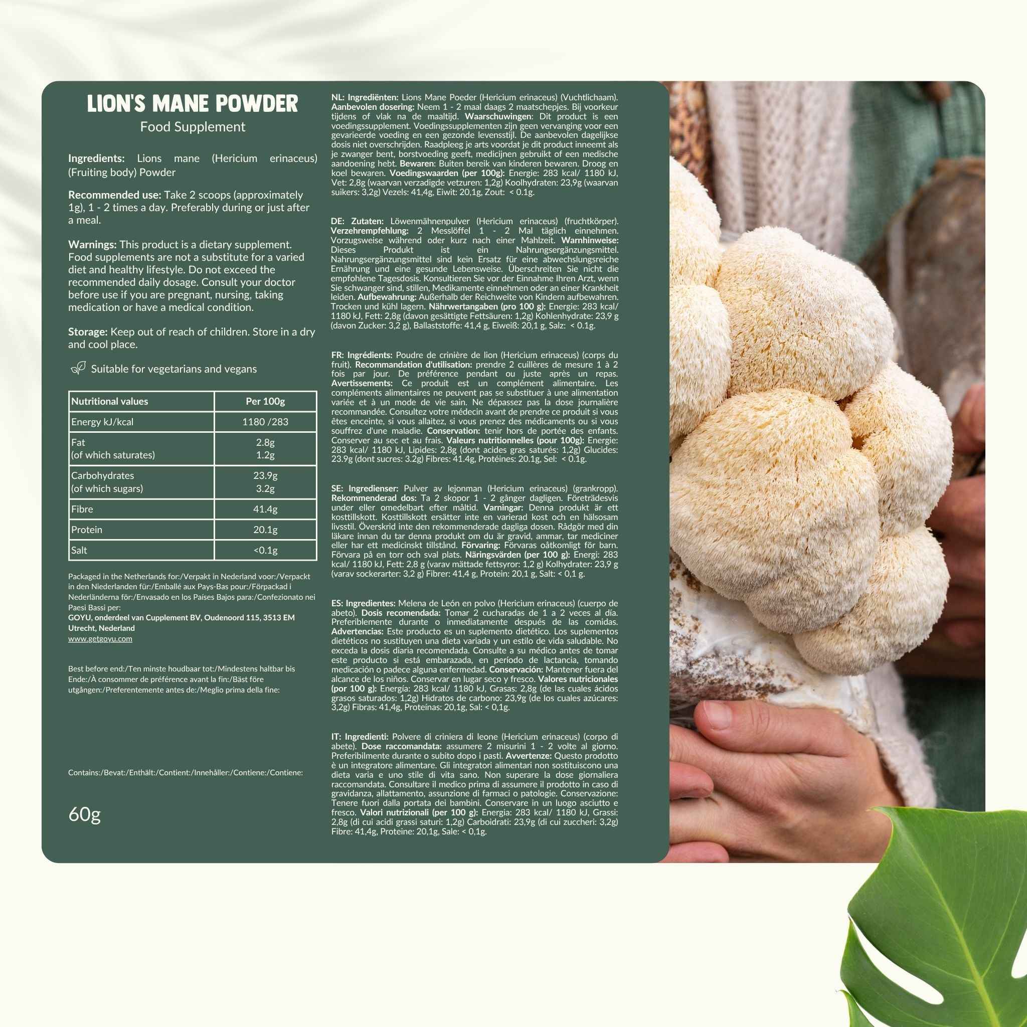 Cupplement b.v. - Wholesale Protein/Superfood Powder - Lion's Mane Powder Organic  60 Grams6