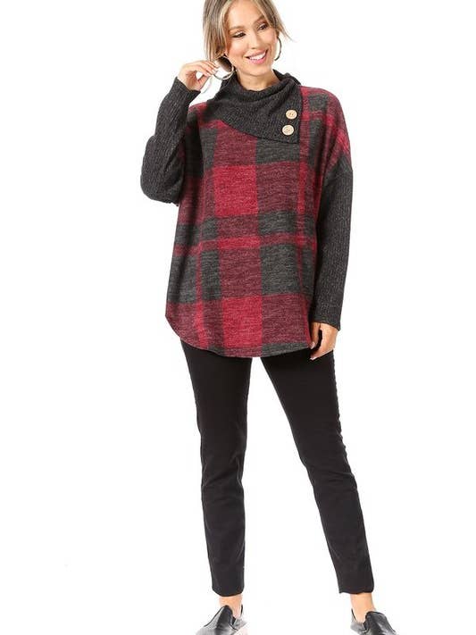 Chris & Carol Apparel - Wholesale Tunic Sweater - Women's - 211308T-PLAID COWL NECK BUTTON SWEATER