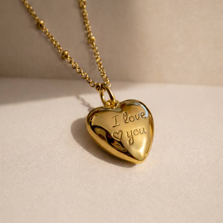 I Love You Engraved Heart Charm Pendant Necklace 18k Gold Pl for wholesale by Gold Lunar