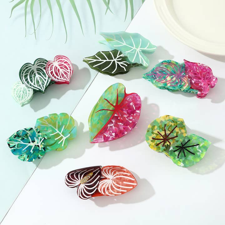 Lebendige tropische blattförmige botanische Haarklauen-Clips für den Großhandel von SoapElenGlen