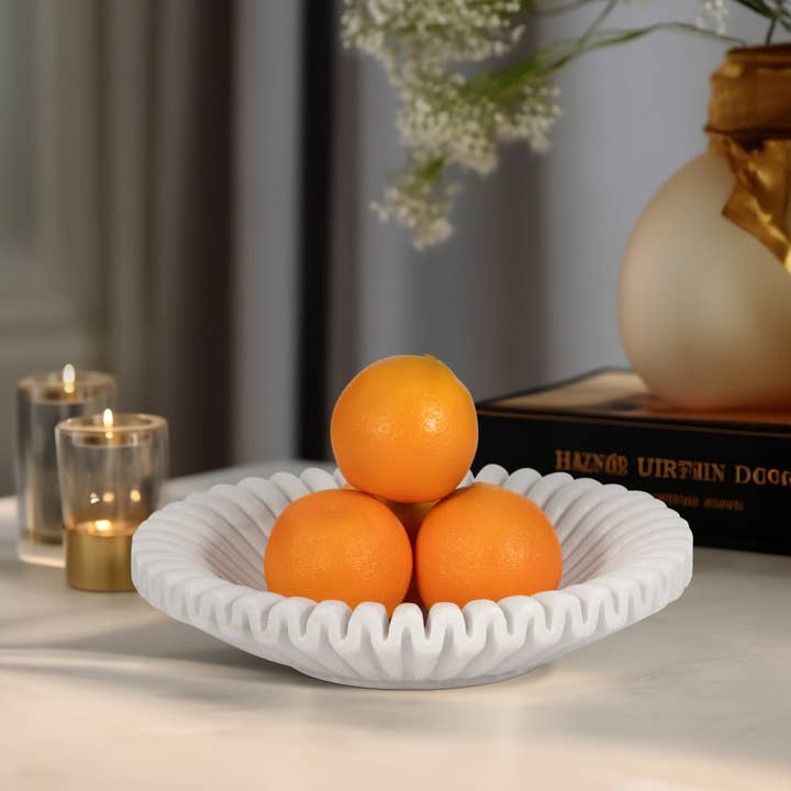 Marble Stone Pleated Ribbed Decorative Bowl - White, 12 in. for wholesale by Sagebrook Home