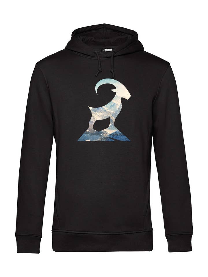 Felpa da montagna per uomo - Capricorno con paesaggio montano per la vendita all'ingrosso da parte di KLETTERHELDEN