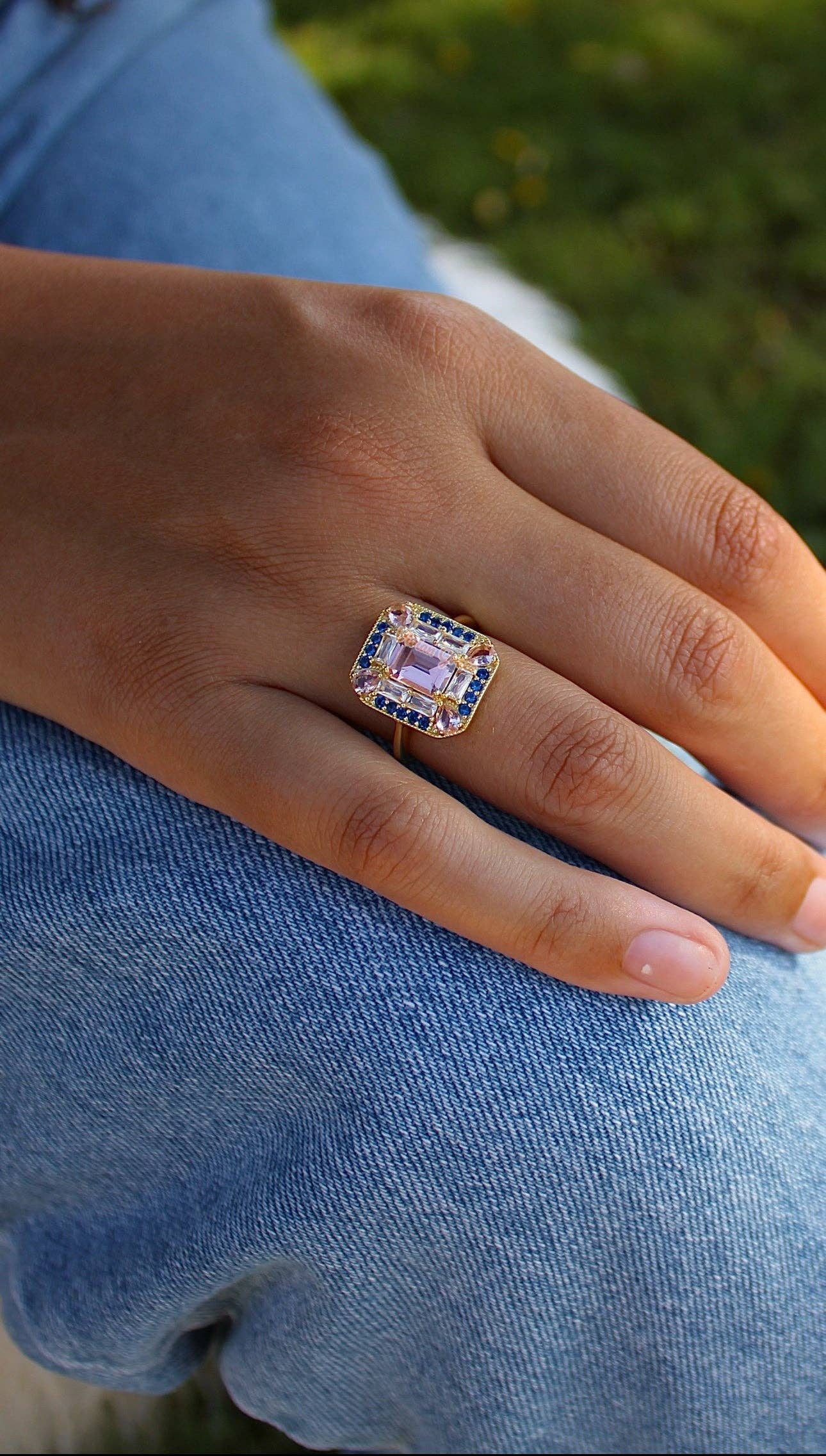 Vivian Grace Jewelry - Wholesale Cocktail/Statement Ring - Sapphire Morganite Art Deco Cocktail Ring- Lab Created Gemstones1