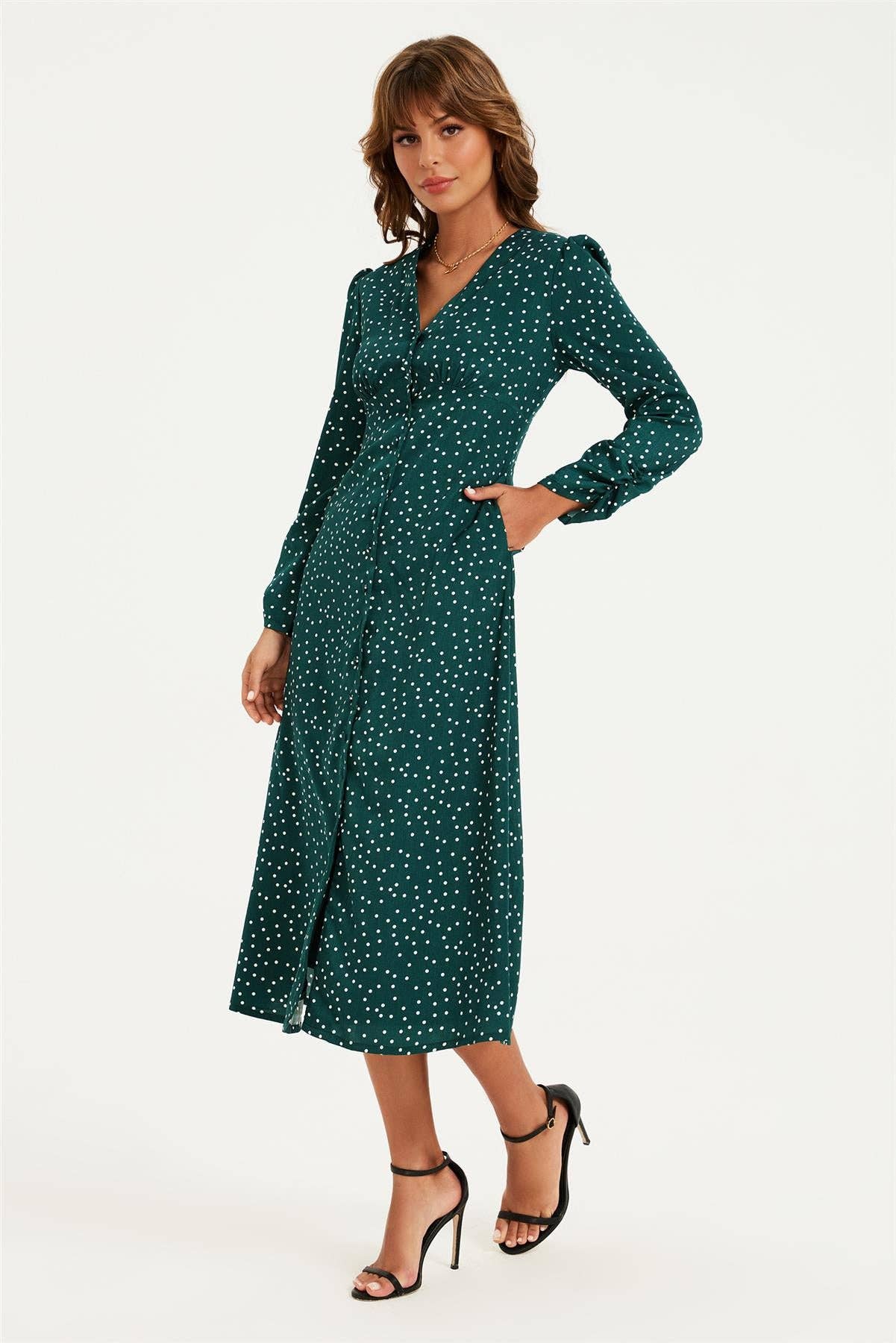 Dot Print Long Sleeve Button Front Midi Dress In Green for wholesale on Faire4