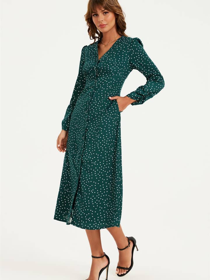 Dot Print Long Sleeve Button Front Midi Dress In Green for wholesale on Faire4