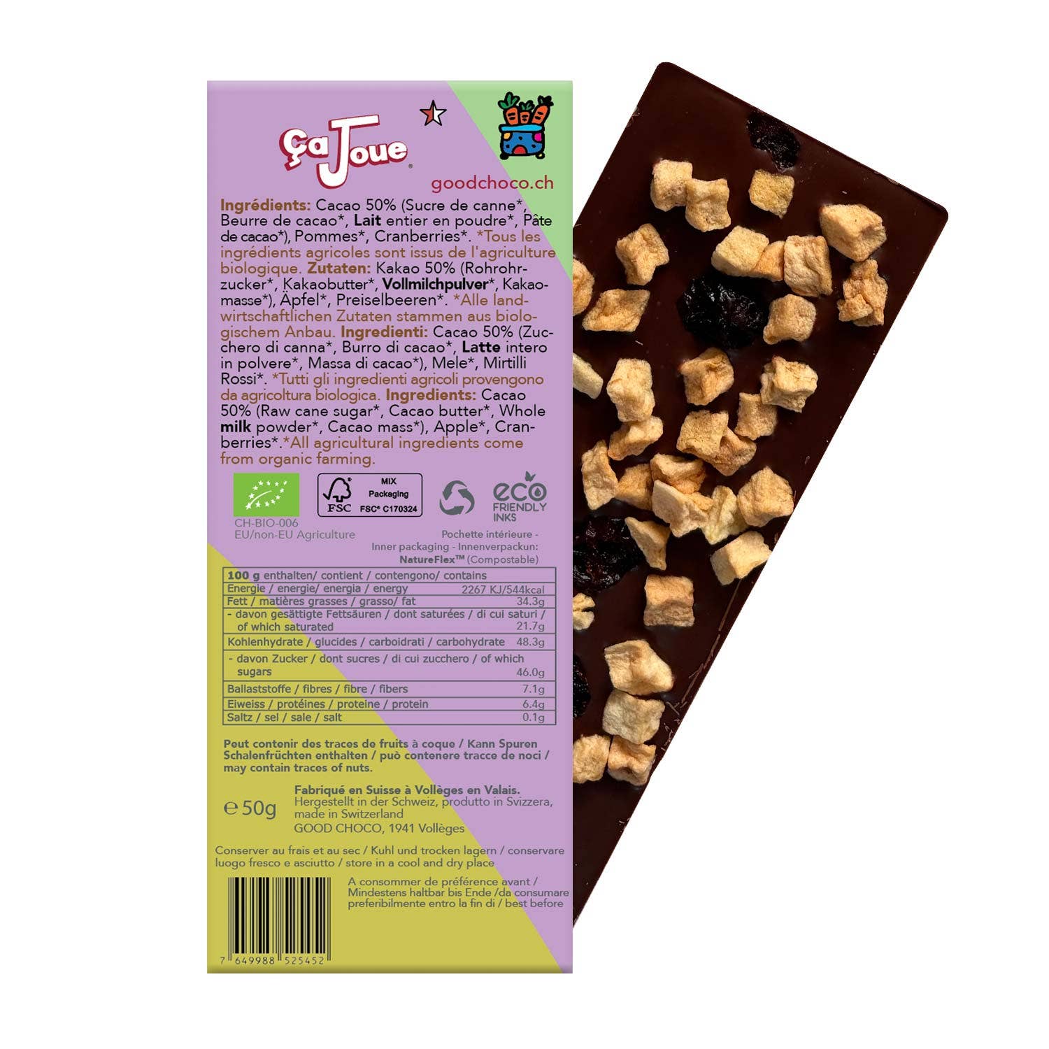 Ça Joue - Wholesale Chocolate Bar - Chocolat au Lait Suisse, 50% Cacao avec Pomme, Canneberges1
