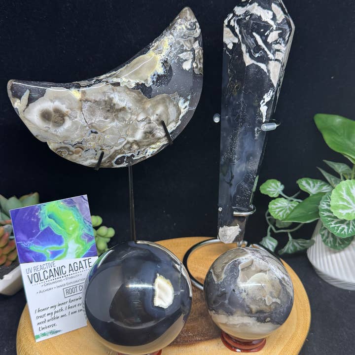 4 pc UV reactive Volcanic agate sphere wand moon bundle G719 for wholesale by The 7 Directions