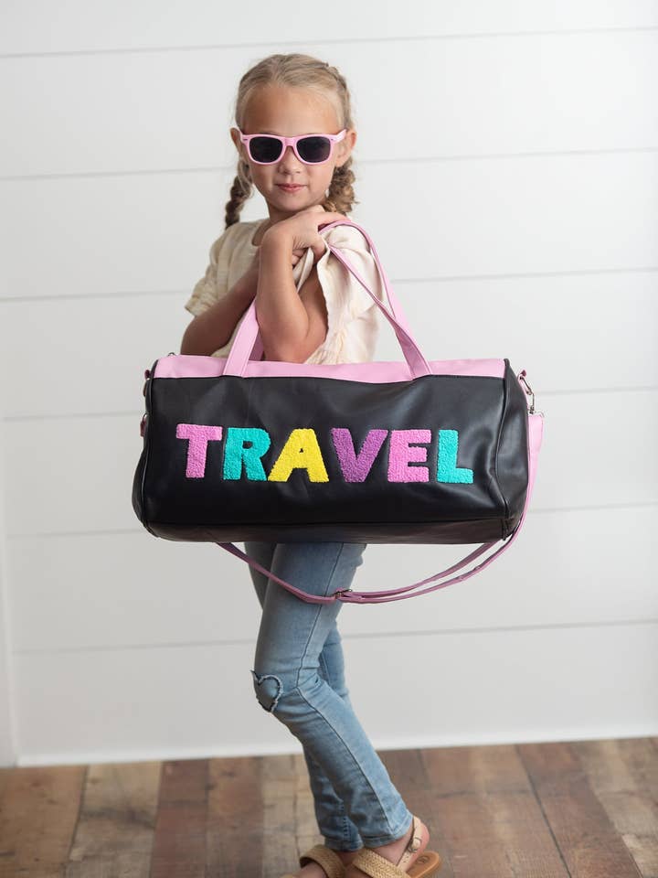 Kids Pink & Black Fuzzy Letter Weekender Travel Bag for wholesale by Oopsie Daisy
