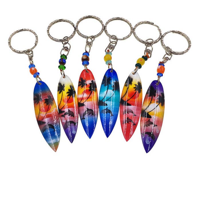 DK Hawaii – Großhandel Schlüsselanhänger – Unisex – Mini Airbrush Delfin Palmen Surfbrett Schlüsselanhänger