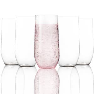 (15 PACK) EcoQuality Translucent Plastic Pink Wine Glasses with Gold Rim -  12 oz Wine Cups with Stem, Disposable Shatterproof Wine Goblets, Reusable
