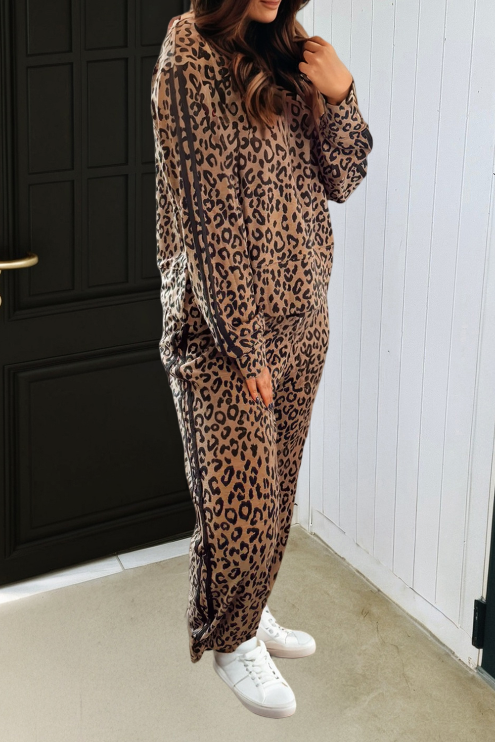 Brown LAS Varsity Striped Trim Leopard Top and Pants Set (S-XL) for wholesale on Faire1