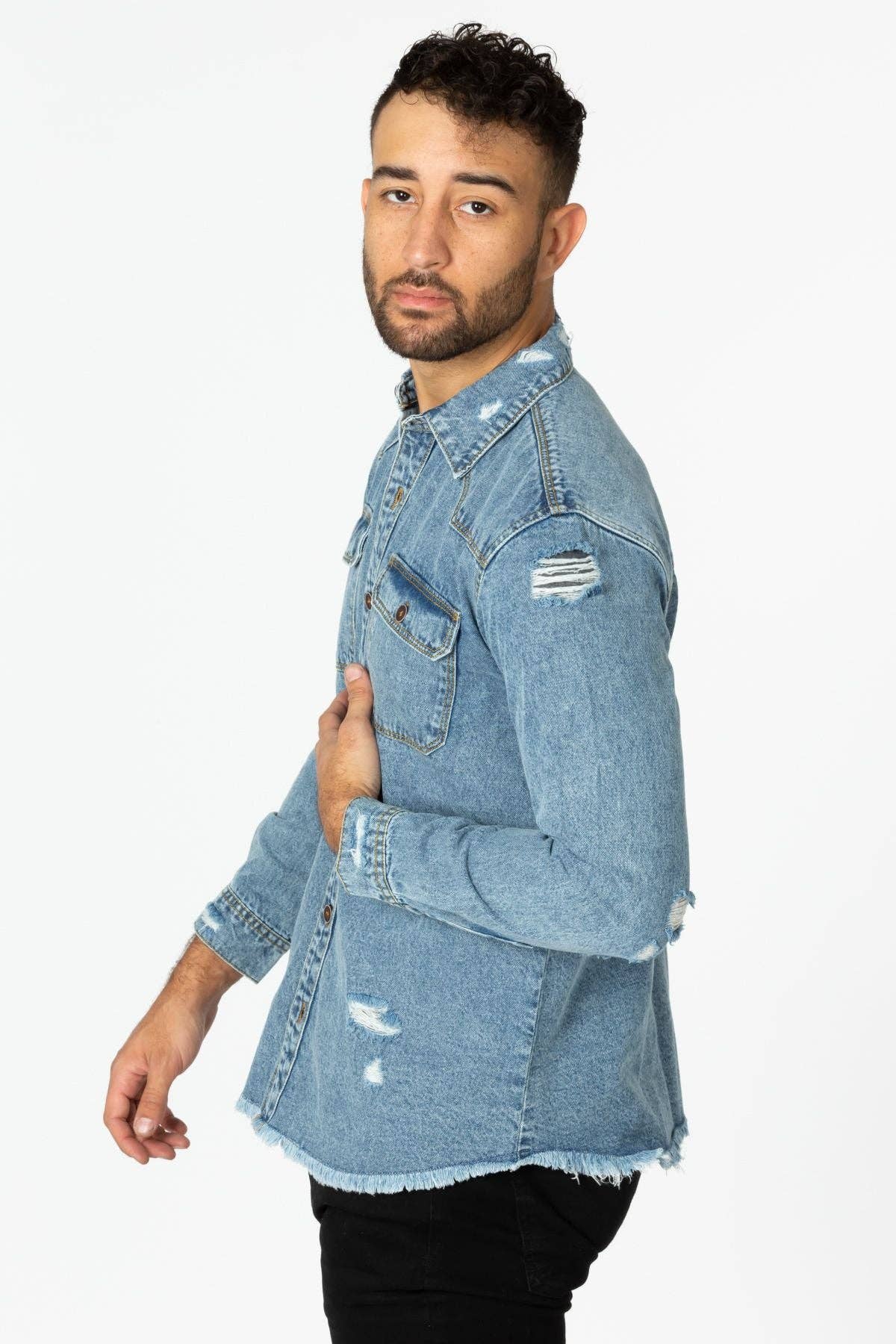 LIGHT WASHED Men's Denim Shirt with Distressed for wholesale on Faire3
